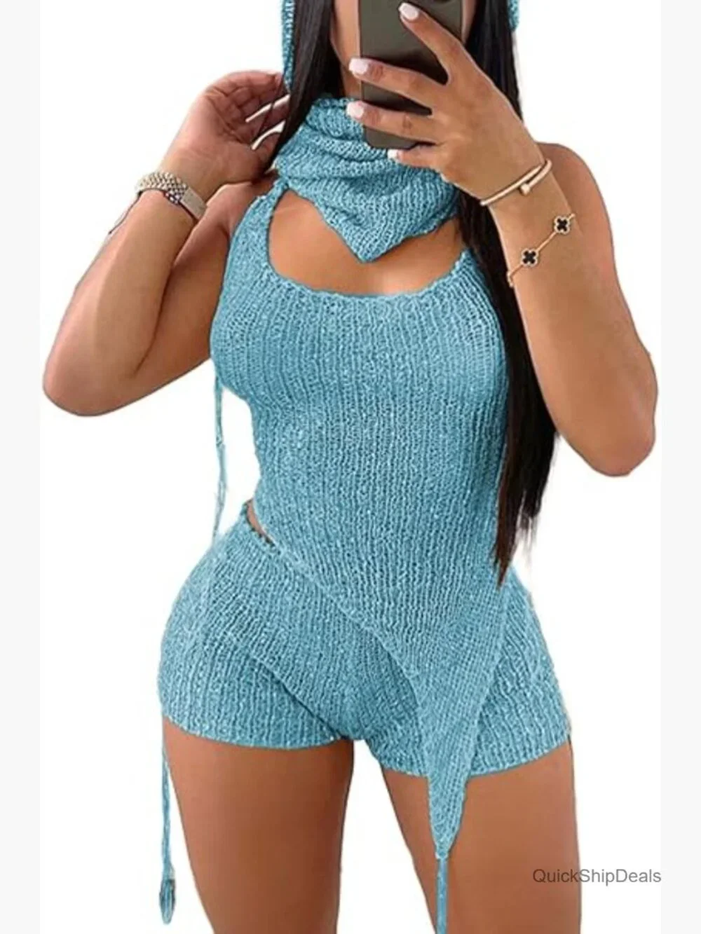 Sequin Knit Backless Halter Top Crochet Shorts Set with Matching Rave Hood